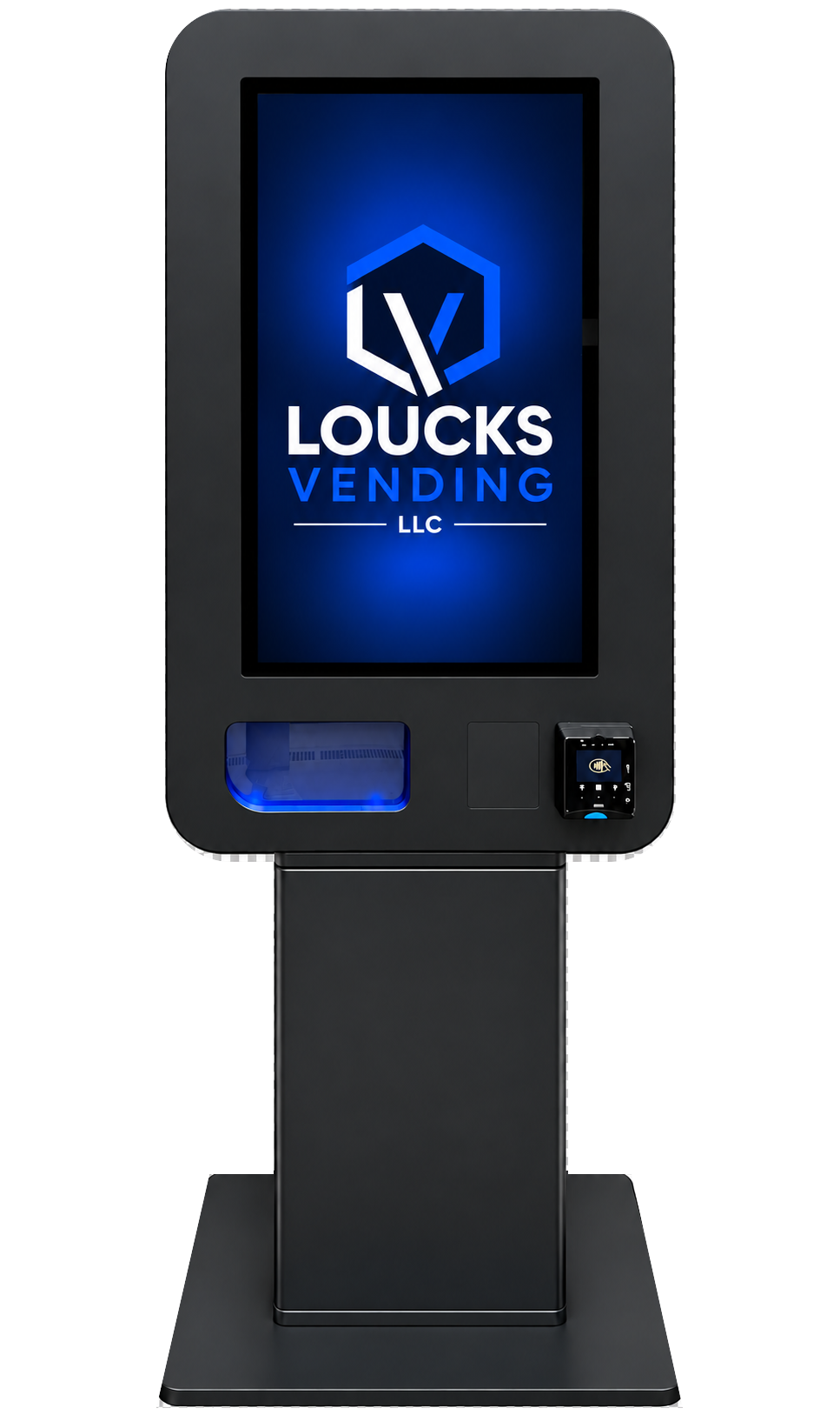 Loucks Vending trading-card machine with the Loucks Vending logo displayed on its screen